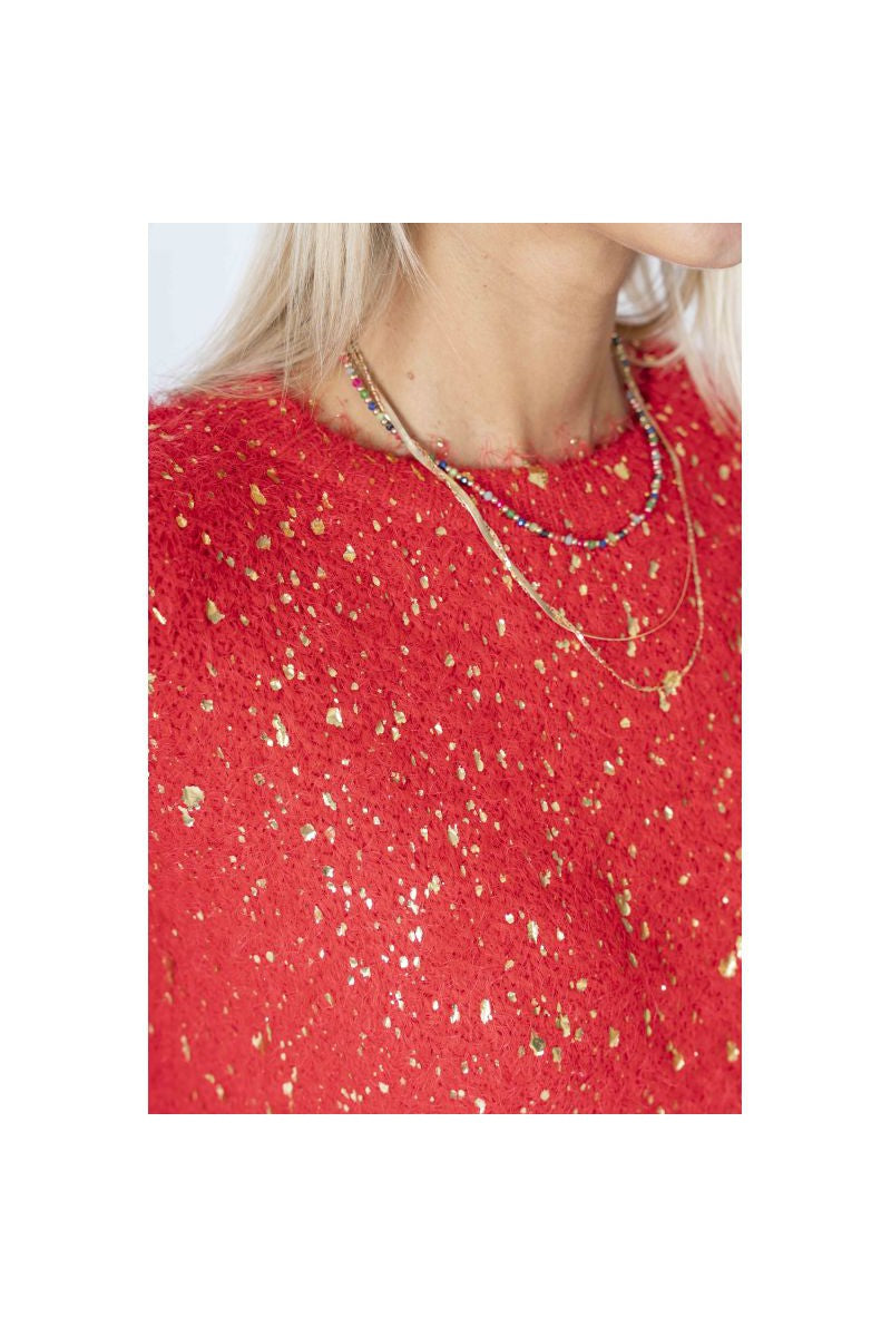 Look Mode Fluffy Sweater With Shimmer On Front In Red-Sweaters-Look Mode-Deja Nu Boutique, Women's Fashion Boutique in Lampasas, Texas