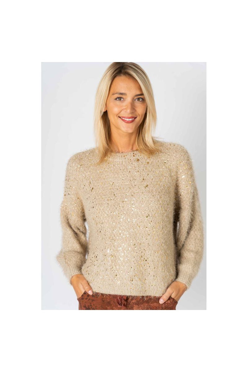 Look Mode Fluffy Sweater With Shimmer On Front In Taupe-Sweaters-Look Mode-Deja Nu Boutique, Women's Fashion Boutique in Lampasas, Texas