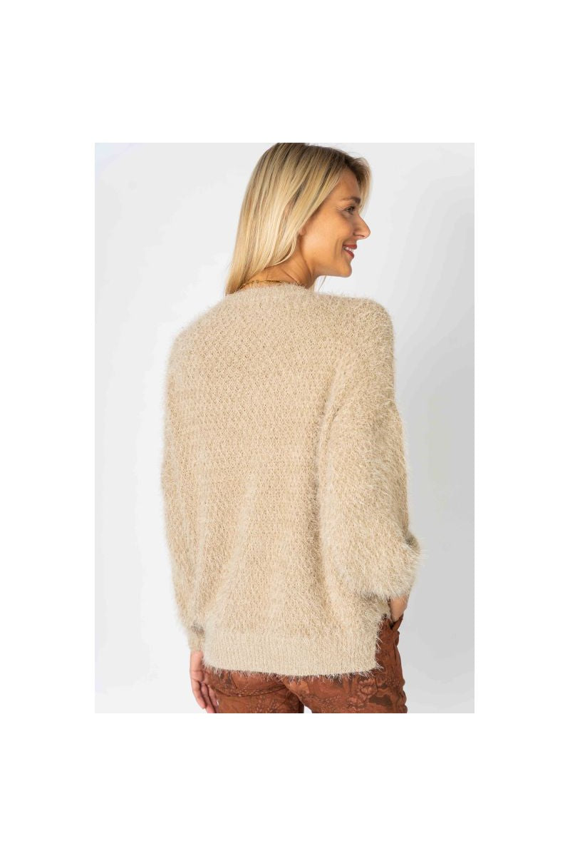 Look Mode Fluffy Sweater With Shimmer On Front In Taupe-Sweaters-Look Mode-Deja Nu Boutique, Women's Fashion Boutique in Lampasas, Texas