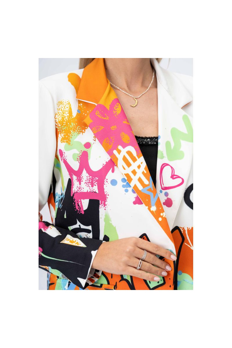 Look Mode Graffiti Tag & Crown Printed Blazer-Blazers-Look Mode-Deja Nu Boutique, Women's Fashion Boutique in Lampasas, Texas