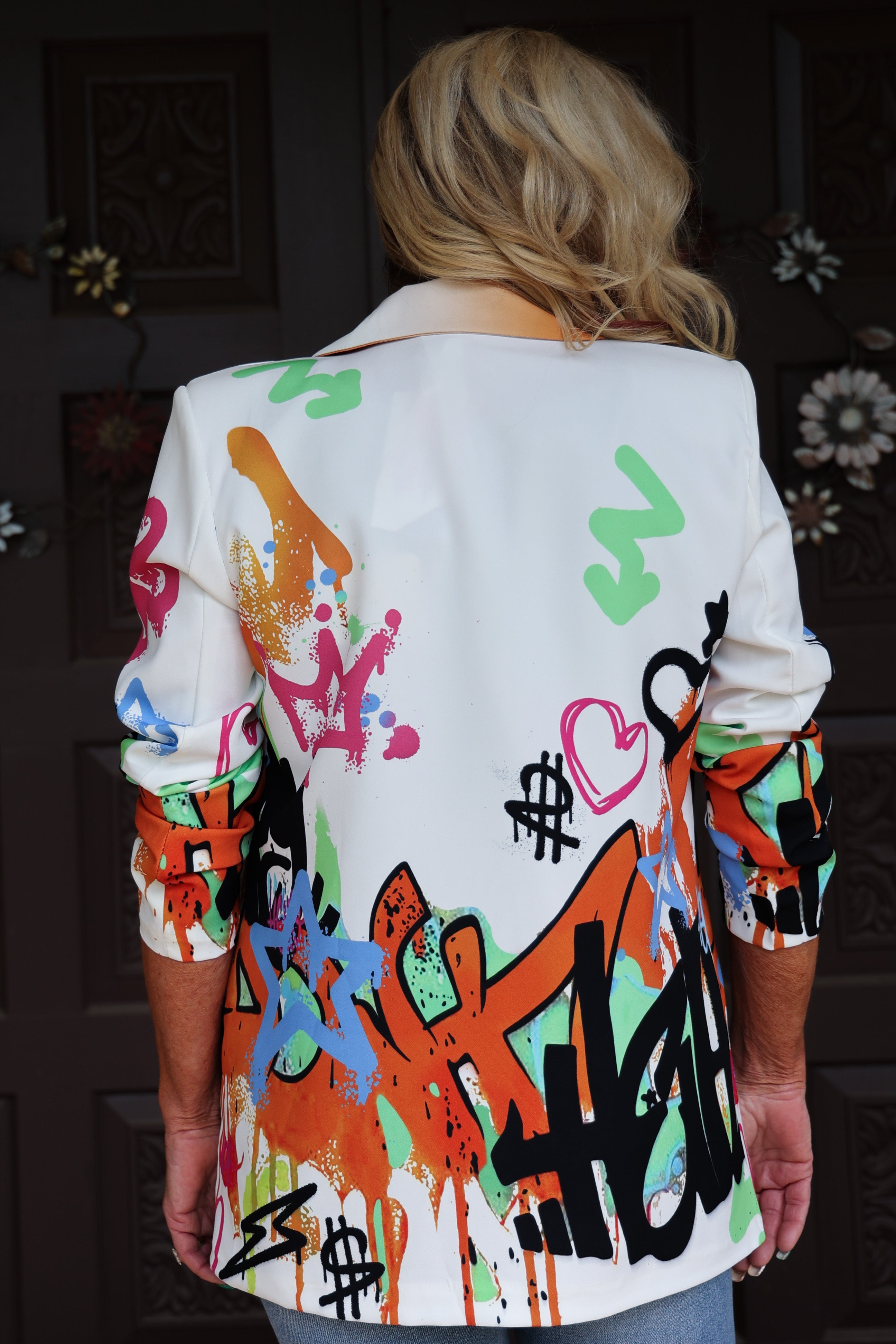 Look Mode Graffiti Tag & Crown Printed Blazer-Blazers-Look Mode-Deja Nu Boutique, Women's Fashion Boutique in Lampasas, Texas