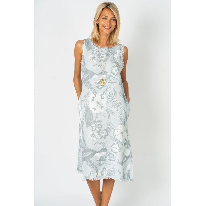 Look Mode Italian Blue Silver Raw Edge Linen Dress-Midi Dresses-Look Mode-Deja Nu Boutique, Women's Fashion Boutique in Lampasas, Texas