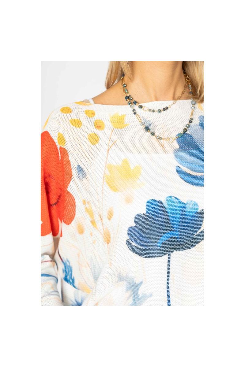 Look Mode Italian Floral Batwing Sweater – Blue & Sunset Bloom-Sweaters-Look Mode-Deja Nu Boutique, Women's Fashion Boutique in Lampasas, Texas