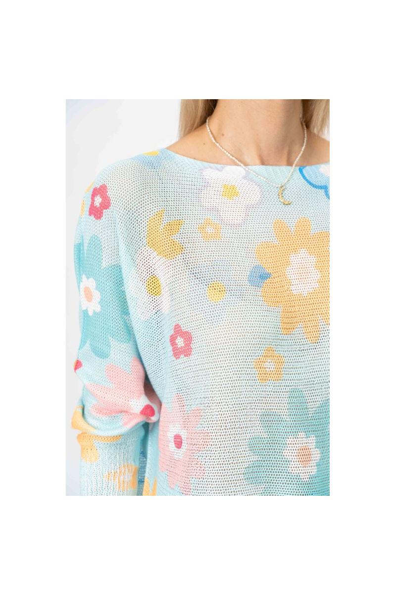 🌸 Look Mode Italian Floral Mesh Sweater – Lilac & Aqua-Sweaters-Look Mode-Deja Nu Boutique, Women's Fashion Boutique in Lampasas, Texas