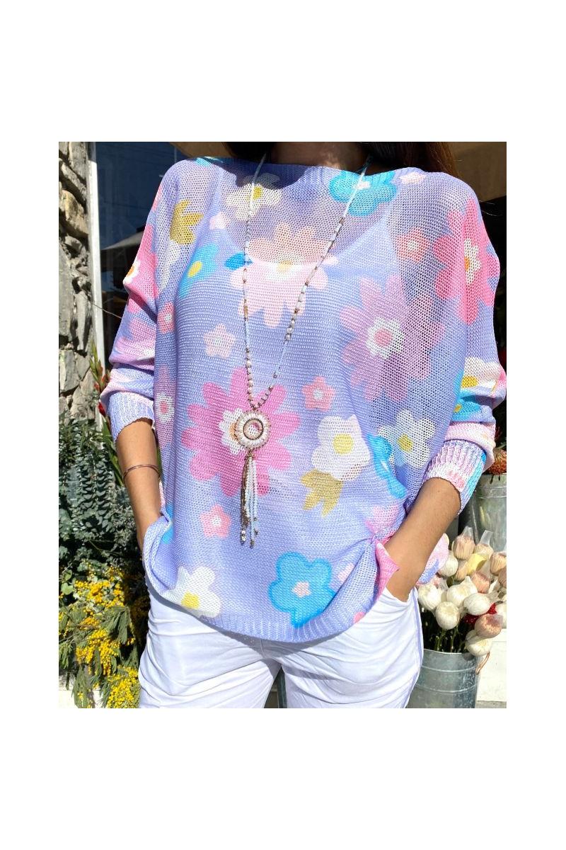 🌸 Look Mode Italian Floral Mesh Sweater – Lilac & Aqua-Sweaters-Look Mode-Deja Nu Boutique, Women's Fashion Boutique in Lampasas, Texas