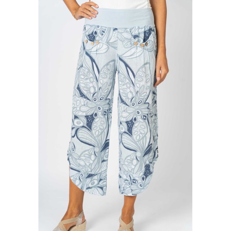 Look Mode Italian Linen Crop Pant – Blue Silver Floral Print-Pants-Look Mode-Deja Nu Boutique, Women's Fashion Boutique in Lampasas, Texas