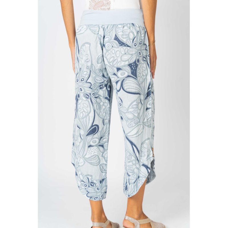 Look Mode Italian Linen Crop Pant – Blue Silver Floral Print-Pants-Look Mode-Deja Nu Boutique, Women's Fashion Boutique in Lampasas, Texas