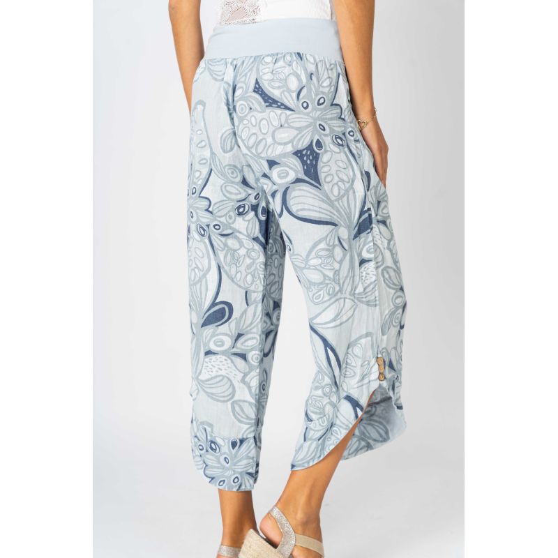 Look Mode Italian Linen Crop Pant – Blue Silver Floral Print-Pants-Look Mode-Deja Nu Boutique, Women's Fashion Boutique in Lampasas, Texas