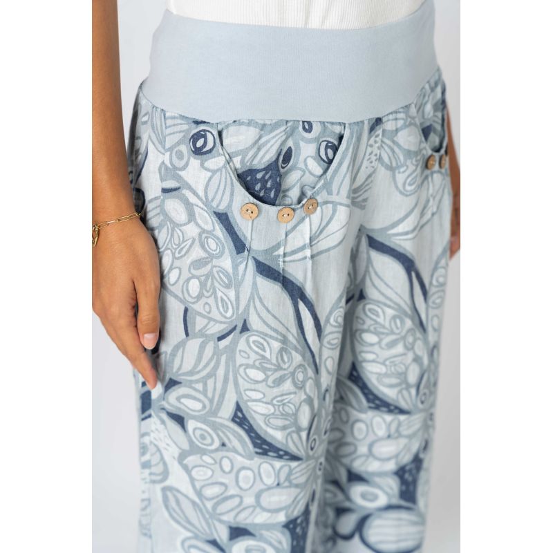 Look Mode Italian Linen Crop Pant – Blue Silver Floral Print-Pants-Look Mode-Deja Nu Boutique, Women's Fashion Boutique in Lampasas, Texas