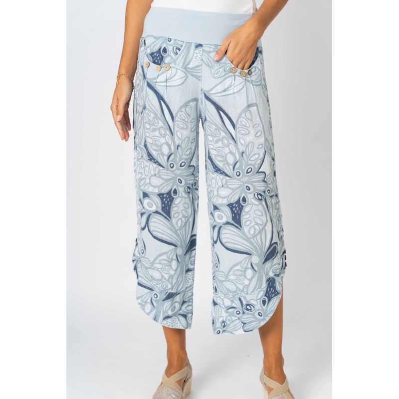 Look Mode Italian Linen Crop Pant – Blue Silver Floral Print-Pants-Look Mode-Deja Nu Boutique, Women's Fashion Boutique in Lampasas, Texas