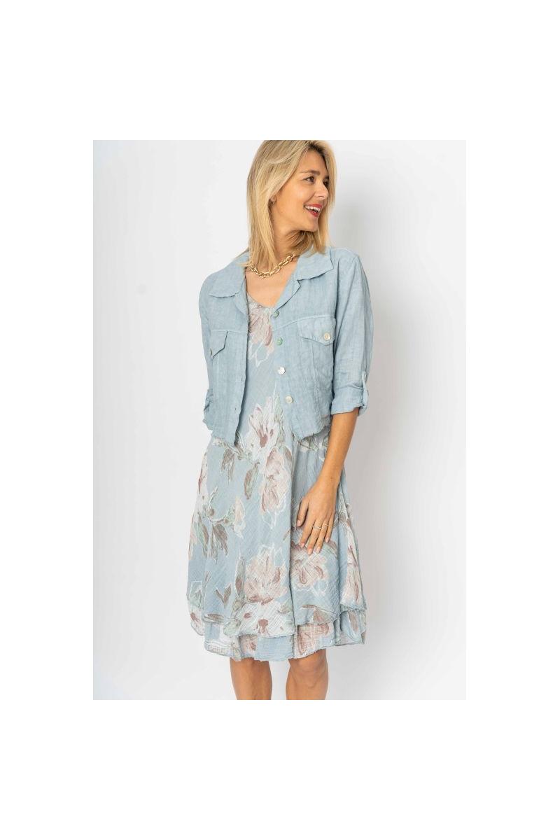 Look Mode Italian Linen Raw Edge Crop Jacket – Silver Blue-Jackets-Look Mode-Deja Nu Boutique, Women's Fashion Boutique in Lampasas, Texas