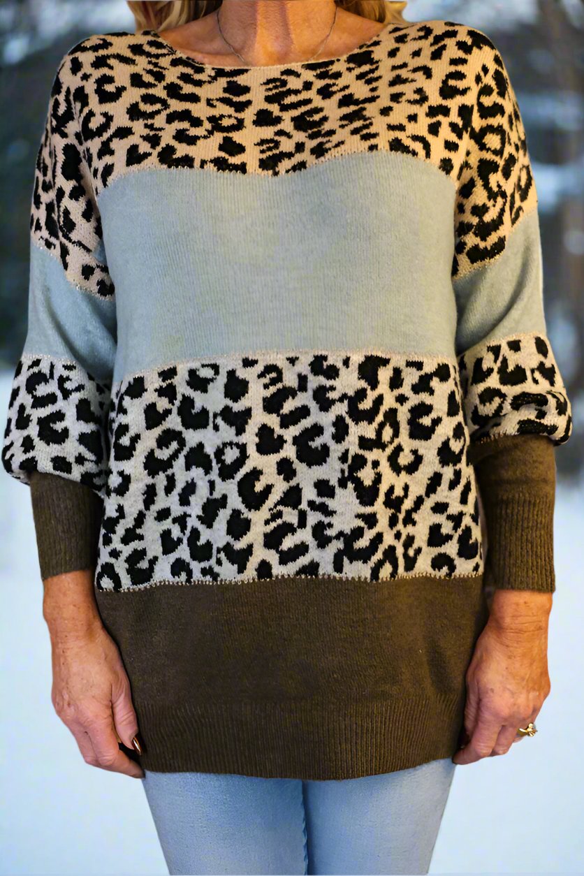 Look Mode Leopard Print Colorblock Sweater In Green-Sweaters-Look Mode-Deja Nu Boutique, Women's Fashion Boutique in Lampasas, Texas