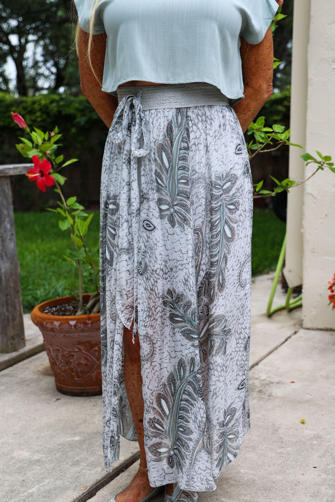Look Mode Light Grey Silk Palm Leaf Print Long Skirt With Open Front And Short Skirt-Skirts-Look Mode-Deja Nu Boutique, Women's Fashion Boutique in Lampasas, Texas