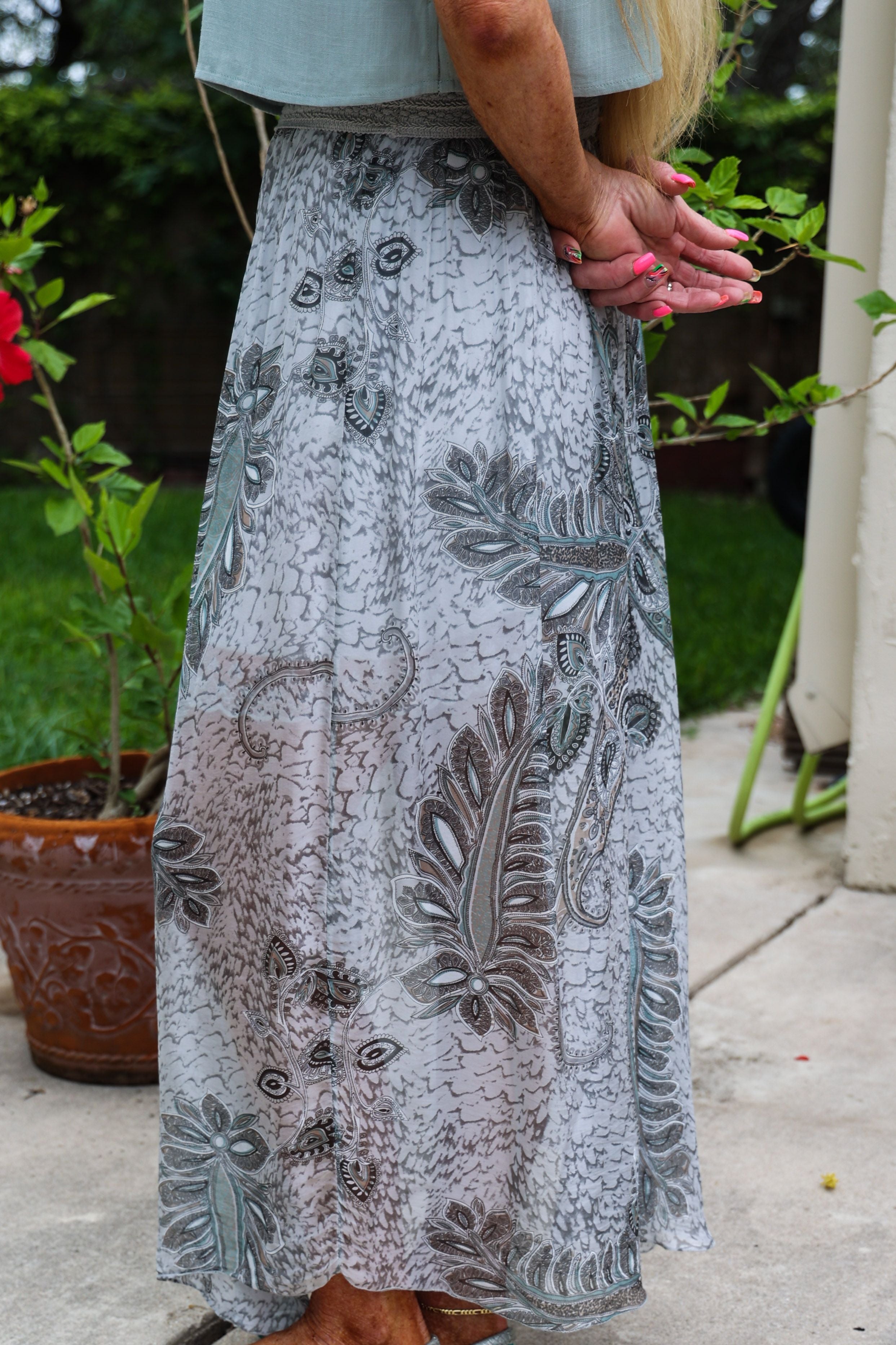 Look Mode Light Grey Silk Palm Leaf Print Long Skirt With Open Front And Short Skirt-Skirts-Look Mode-Deja Nu Boutique, Women's Fashion Boutique in Lampasas, Texas