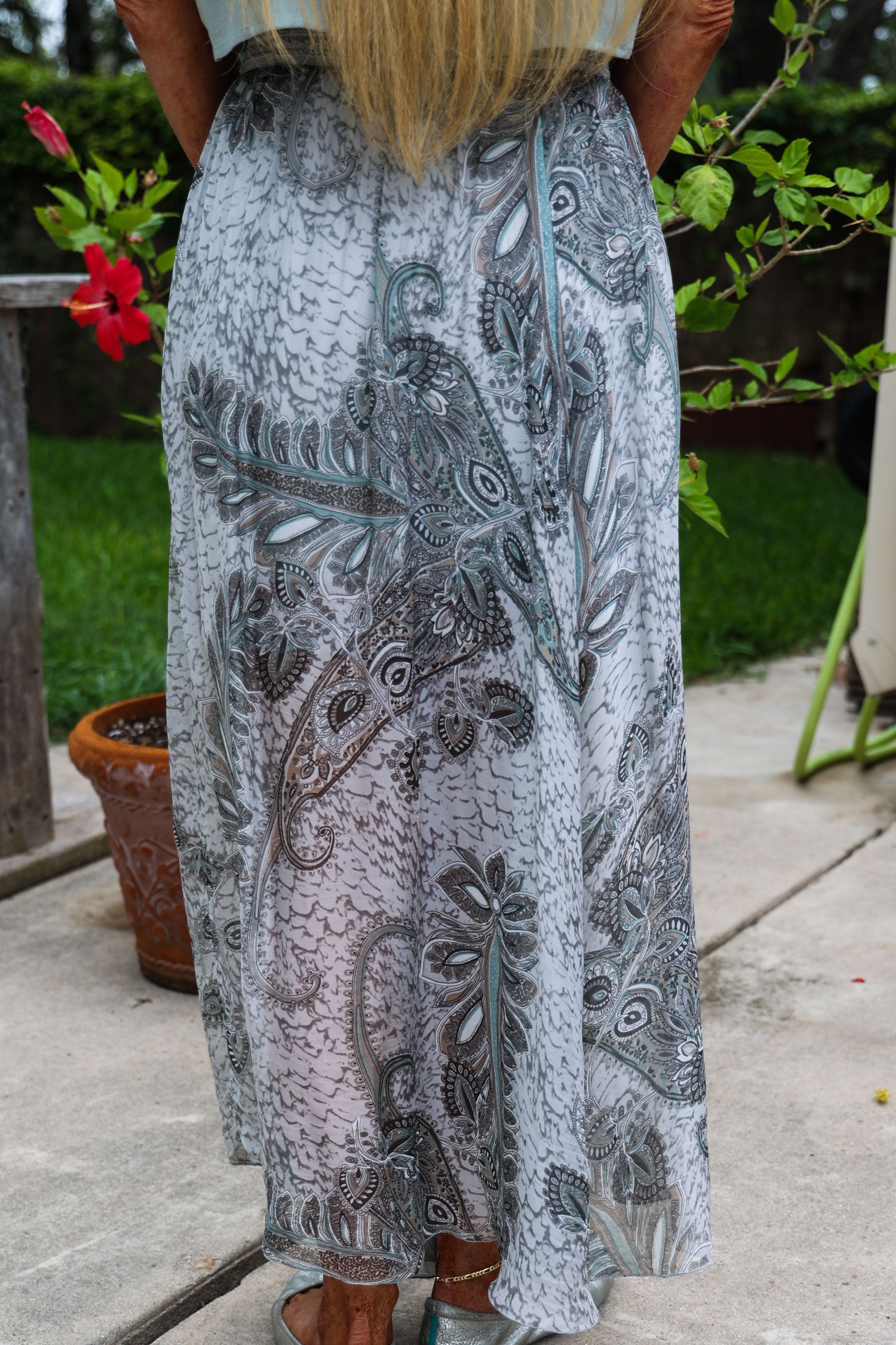 Look Mode Light Grey Silk Palm Leaf Print Long Skirt With Open Front And Short Skirt-Skirts-Look Mode-Deja Nu Boutique, Women's Fashion Boutique in Lampasas, Texas