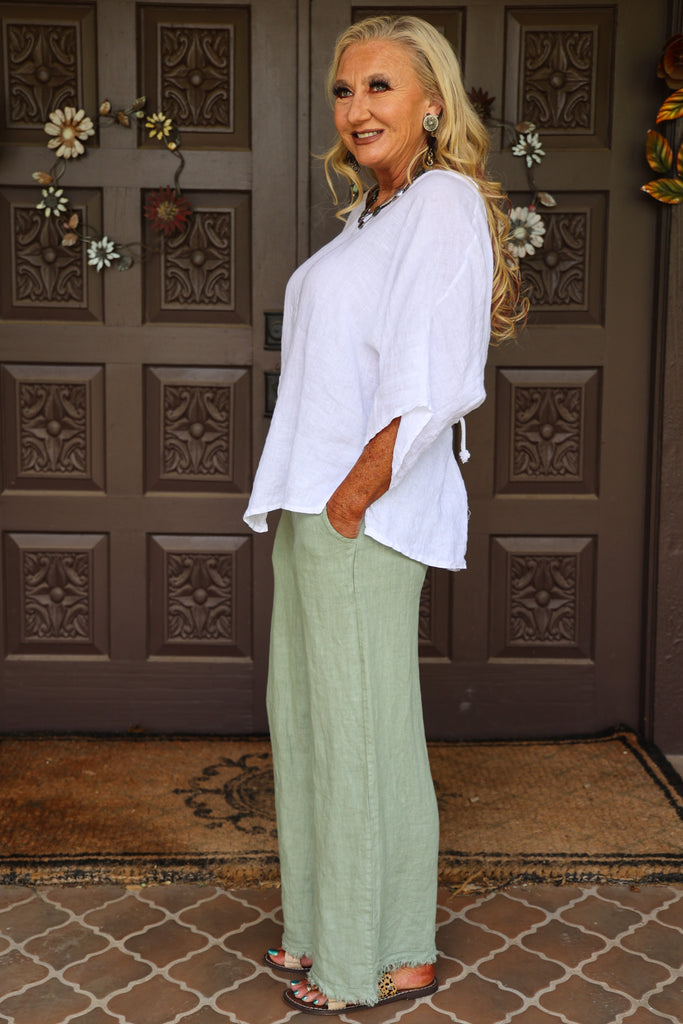 Look Mode Light Olive Linen Pants With Frayed Bottom Hemline-Bottoms-Look Mode-Deja Nu Boutique, Women's Fashion Boutique in Lampasas, Texas