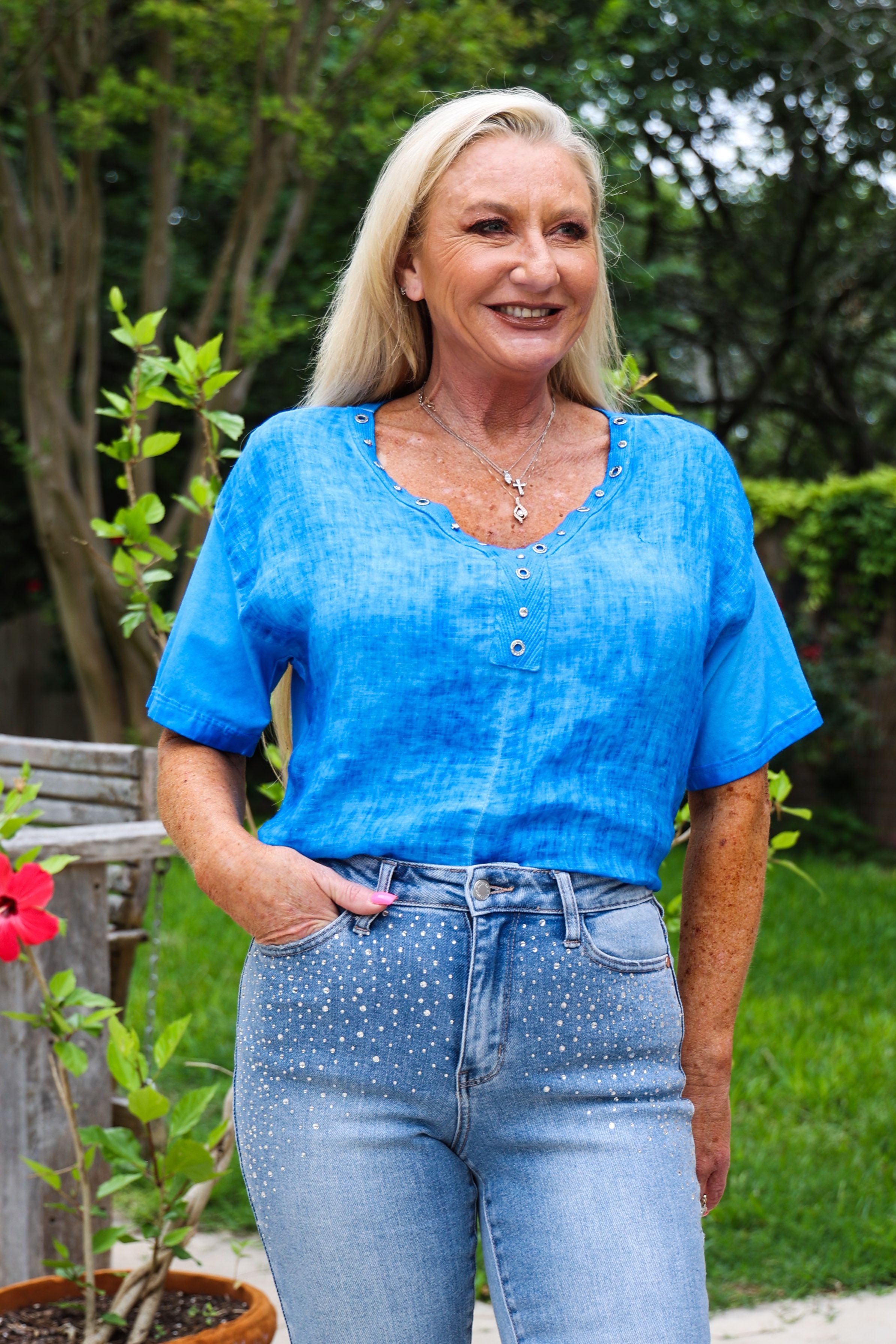 Look Mode Linen Shirt With Studs And Rhinestones At V- Neckline In Royal Blue-Short Sleeves-Look Mode-Deja Nu Boutique, Women's Fashion Boutique in Lampasas, Texas