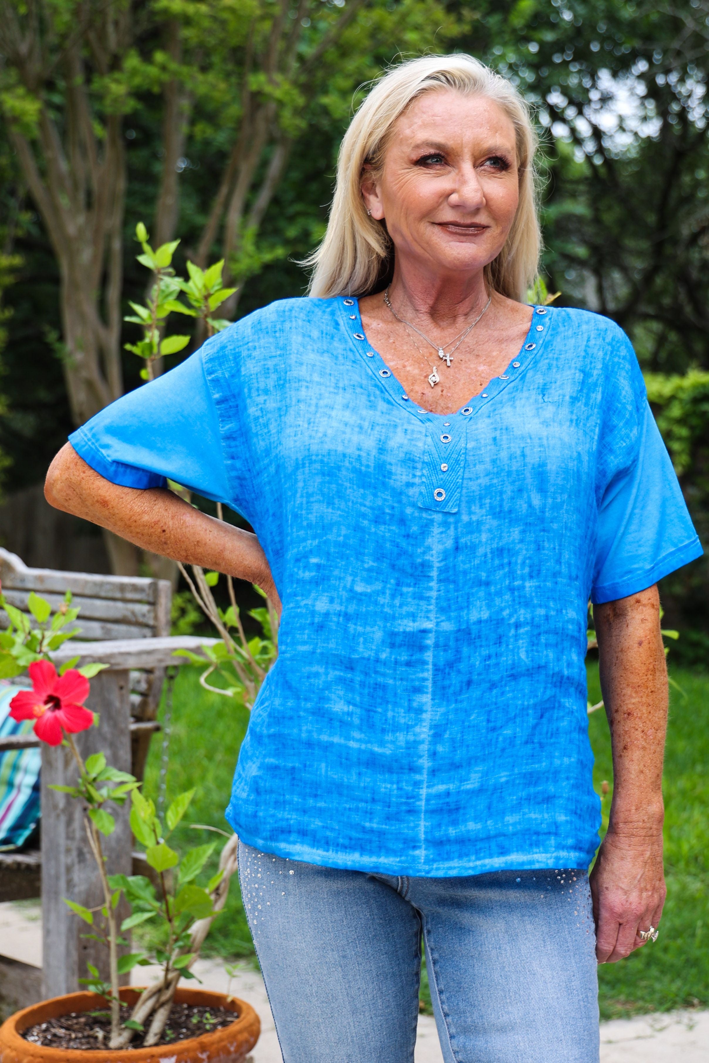 Look Mode Linen Shirt With Studs And Rhinestones At V- Neckline In Royal Blue-Short Sleeves-Look Mode-Deja Nu Boutique, Women's Fashion Boutique in Lampasas, Texas