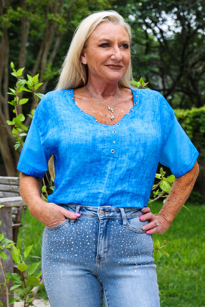Look Mode Linen Shirt With Studs And Rhinestones At V- Neckline In Royal Blue-Short Sleeves-Look Mode-Deja Nu Boutique, Women's Fashion Boutique in Lampasas, Texas
