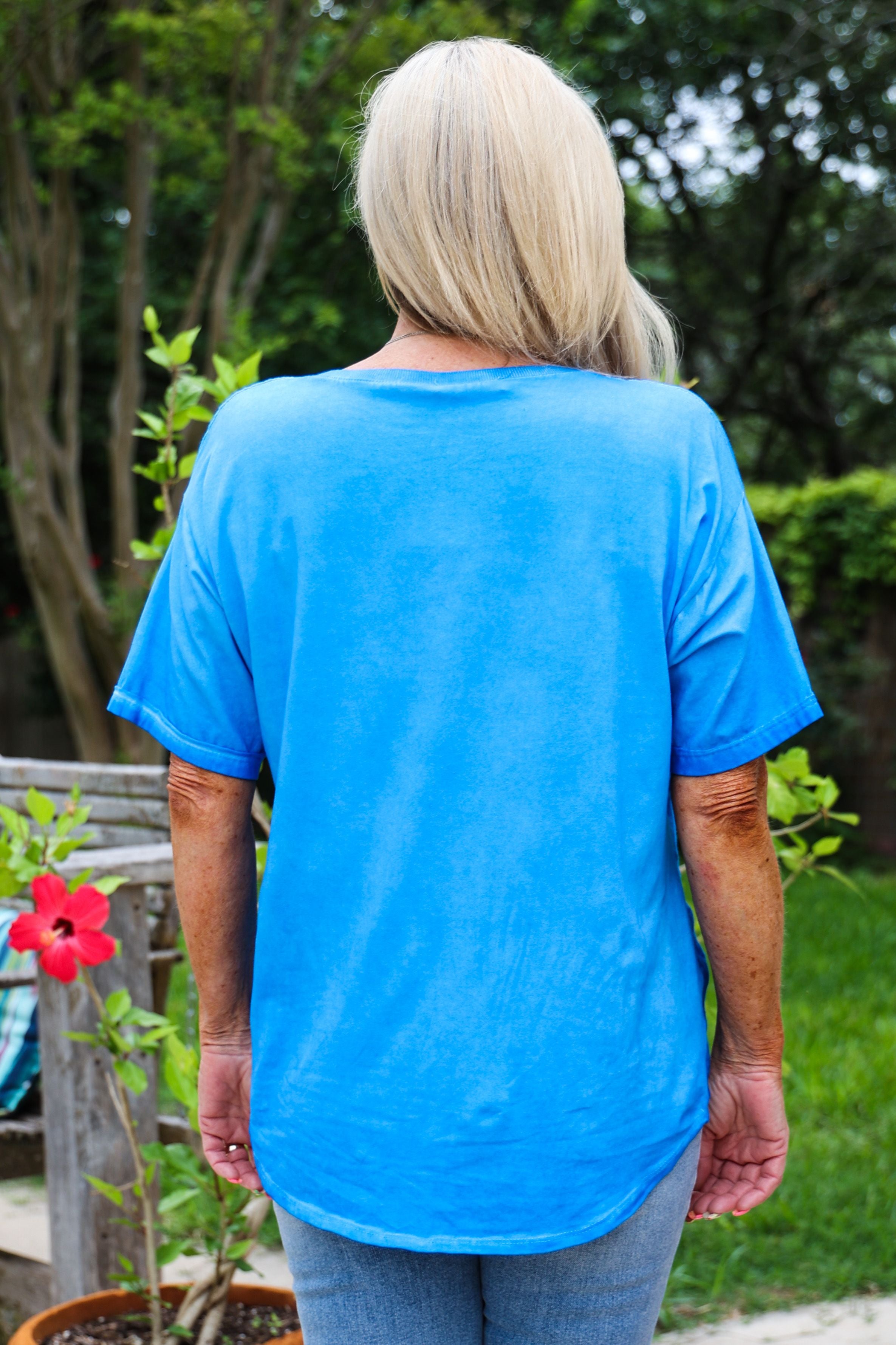 Look Mode Linen Shirt With Studs And Rhinestones At V- Neckline In Royal Blue-Short Sleeves-Look Mode-Deja Nu Boutique, Women's Fashion Boutique in Lampasas, Texas