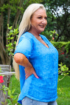 Look Mode Linen Shirt With Studs And Rhinestones At V- Neckline In Royal Blue-Short Sleeves-Look Mode-Deja Nu Boutique, Women's Fashion Boutique in Lampasas, Texas