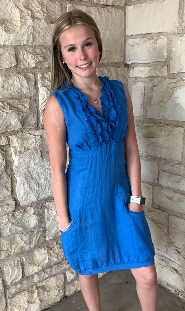 Look Mode Linen V-Neck Ruffle Dress In Royal Blue-Dresses-Look Mode-Deja Nu Boutique, Women's Fashion Boutique in Lampasas, Texas