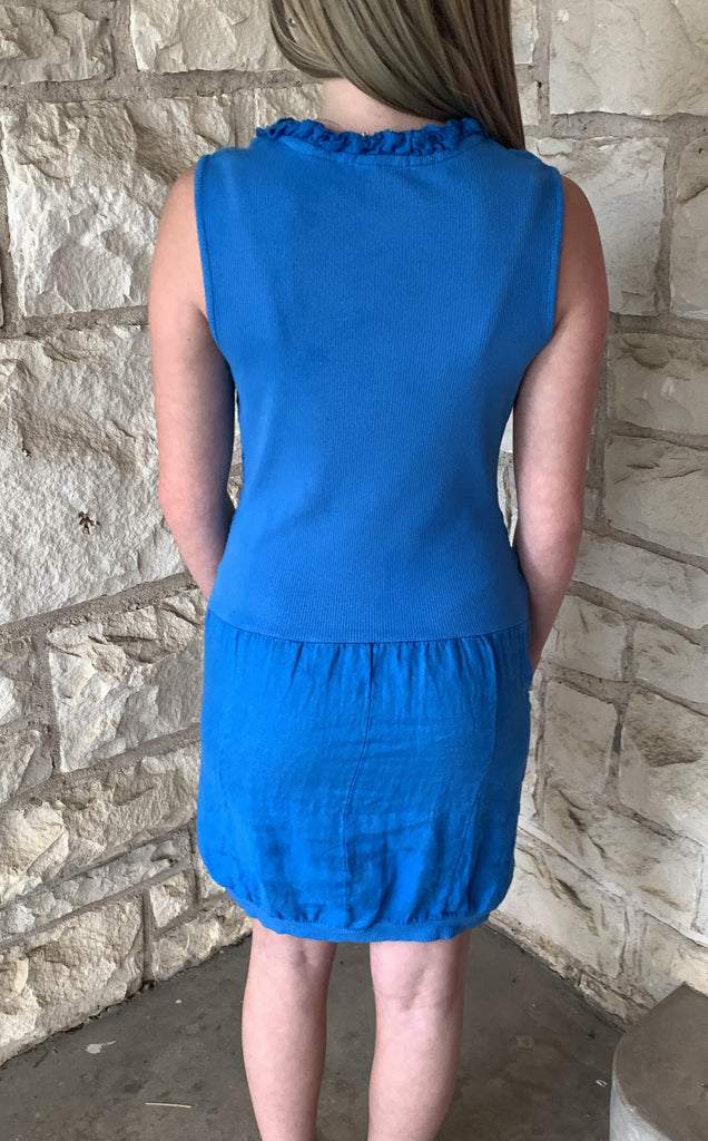 Look Mode Linen V-Neck Ruffle Dress In Royal Blue-Dresses-Look Mode-Deja Nu Boutique, Women's Fashion Boutique in Lampasas, Texas