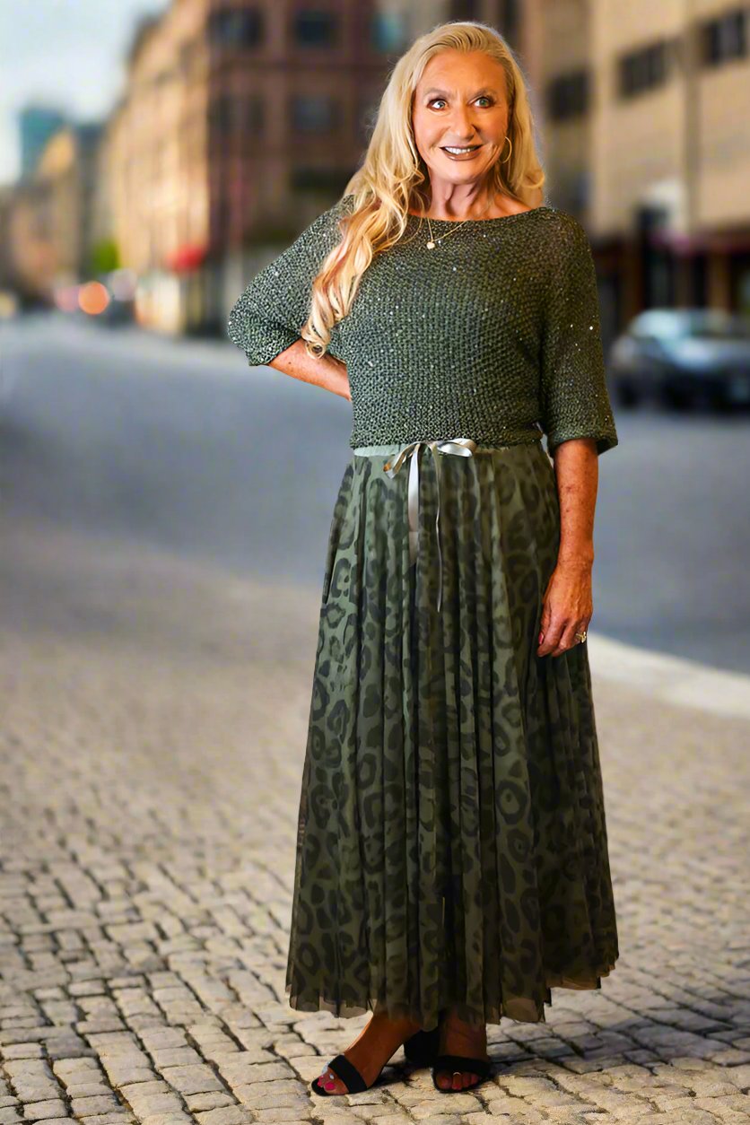 Look Mode Olive Leopard Print Long Tulle Skirt-Skirts-Look Mode-Deja Nu Boutique, Women's Fashion Boutique in Lampasas, Texas