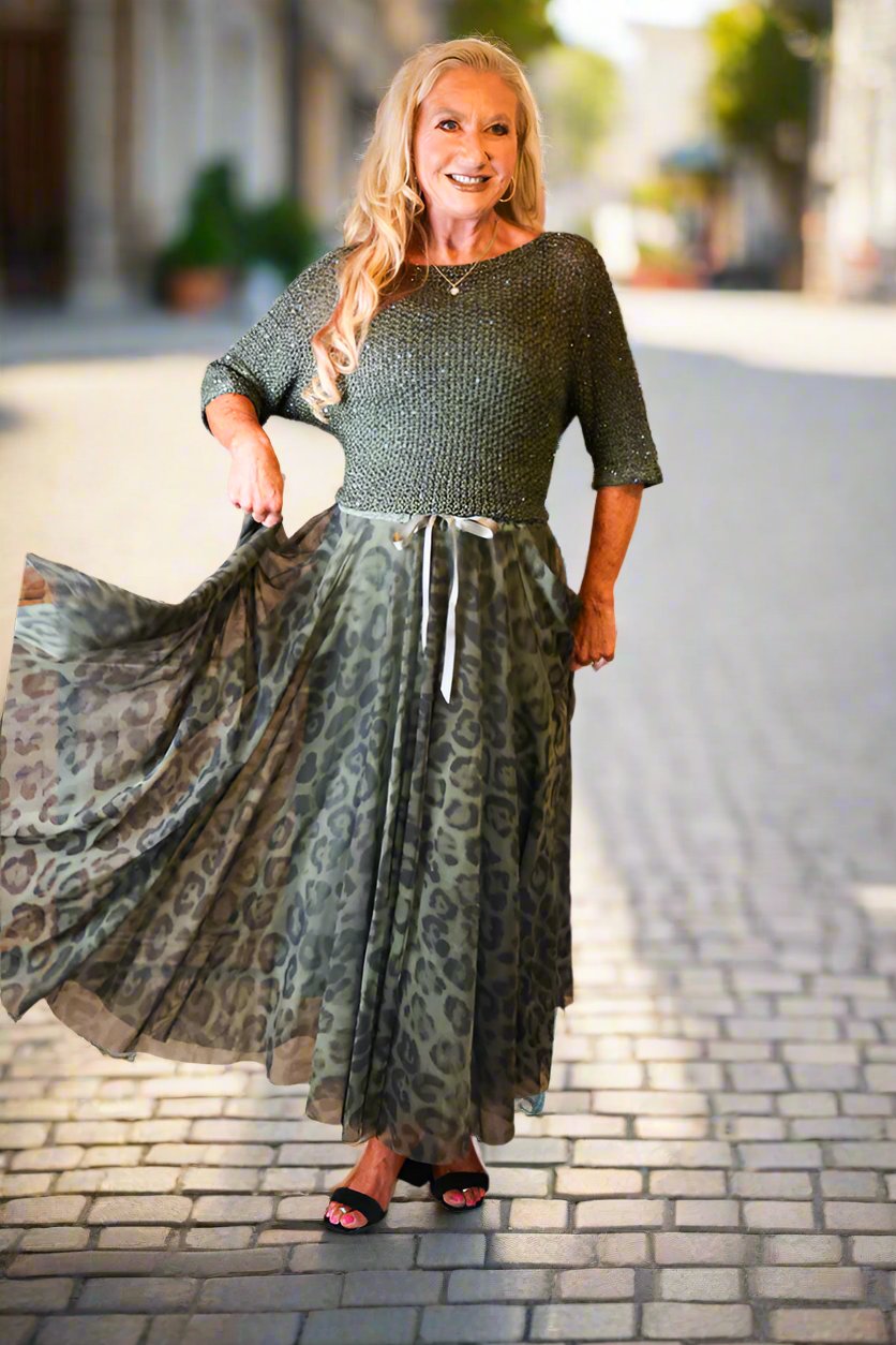 Look Mode Olive Leopard Print Long Tulle Skirt Deja Nu Tx