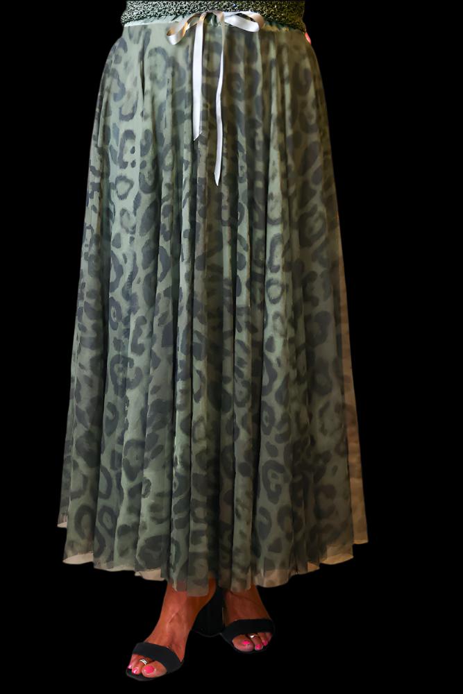 Look Mode Olive Leopard Print Long Tulle Skirt-Skirts-Look Mode-Deja Nu Boutique, Women's Fashion Boutique in Lampasas, Texas