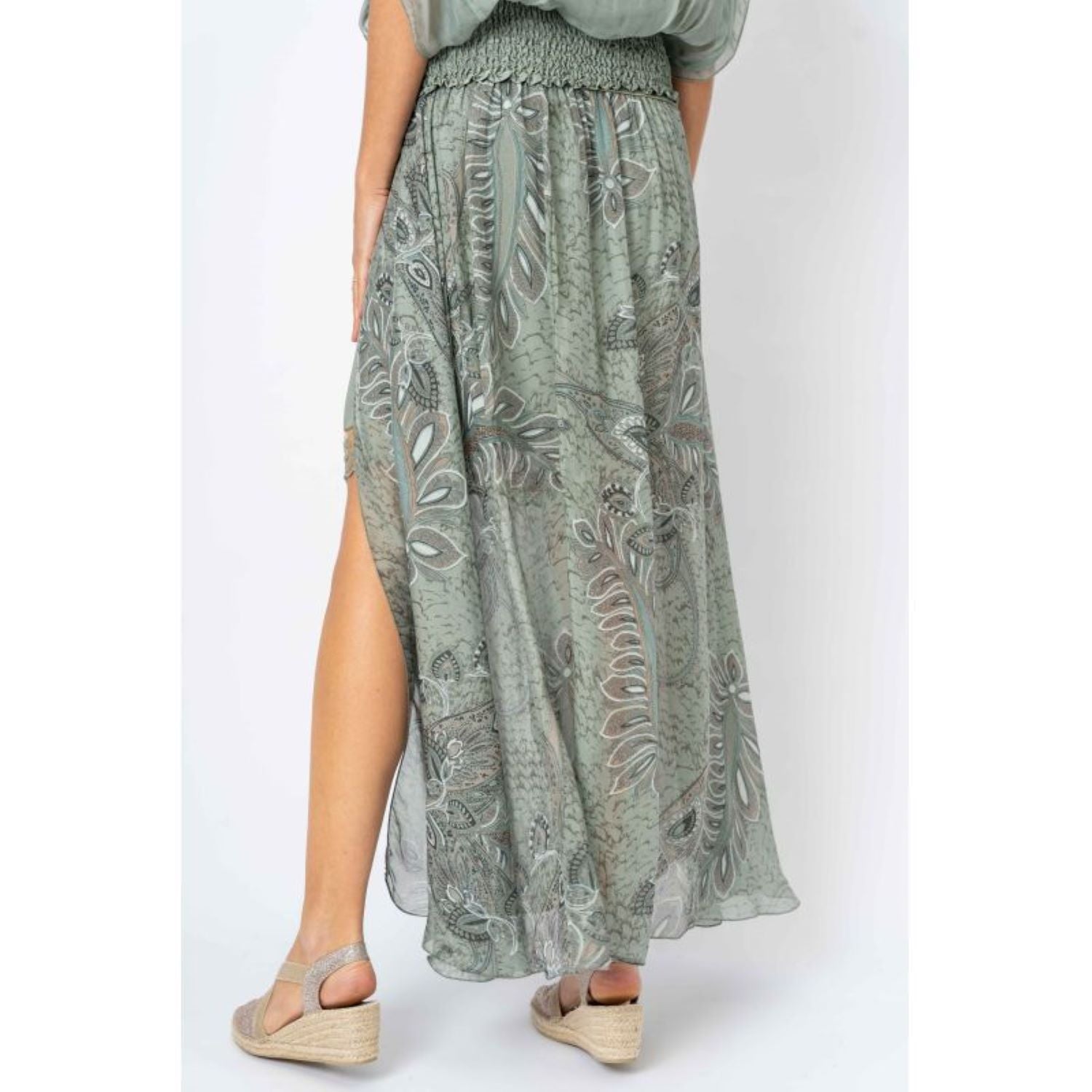 Look Mode Olive Silk Palm Leaf Print Long Skirt With Open Front And Short Skirt-Skirts-Look Mode-Deja Nu Boutique, Women's Fashion Boutique in Lampasas, Texas