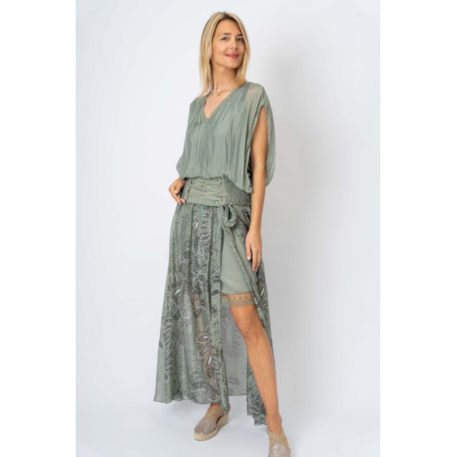 Look Mode Olive Silk Palm Leaf Print Long Skirt With Open Front And Short Skirt-Skirts-Look Mode-Deja Nu Boutique, Women's Fashion Boutique in Lampasas, Texas