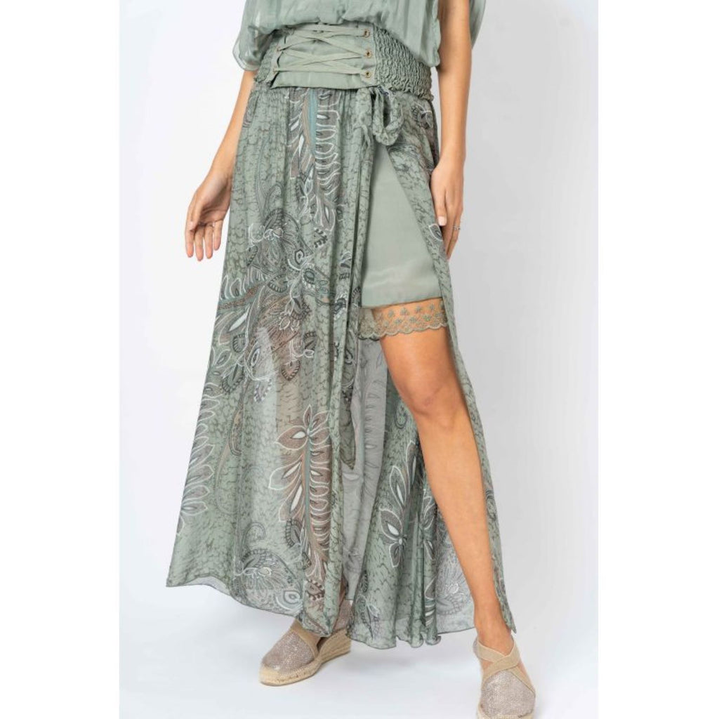 Look Mode Olive Silk Palm Leaf Print Long Skirt With Open Front And Short Skirt-Skirts-Look Mode-Deja Nu Boutique, Women's Fashion Boutique in Lampasas, Texas