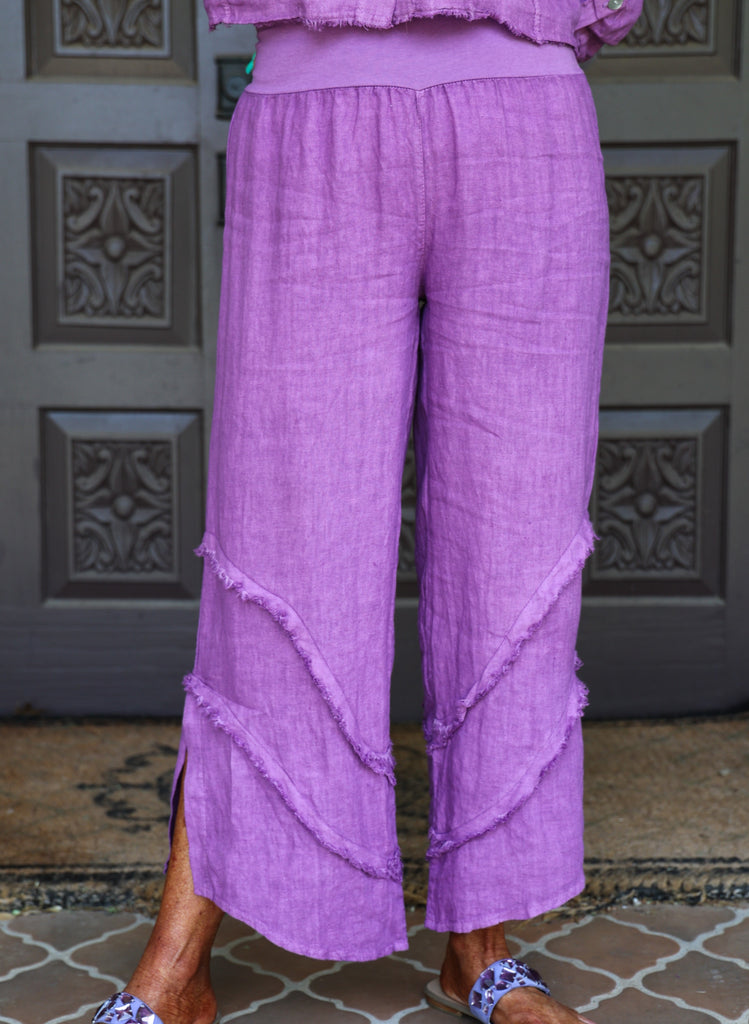Look Mode Orchid Bloom Ruffle Delight Linen Crop Pants-Bottoms-Look Mode-Deja Nu Boutique, Women's Fashion Boutique in Lampasas, Texas
