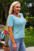 Look Mode Shimmer V-Neck Sweater In Aqua-Sweaters-Look Mode-Deja Nu Boutique, Women's Fashion Boutique in Lampasas, Texas