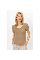 Look Mode Shimmer V-Neck Sweater In Camel-Tops-Look Mode-Deja Nu Boutique, Women's Fashion Boutique in Lampasas, Texas