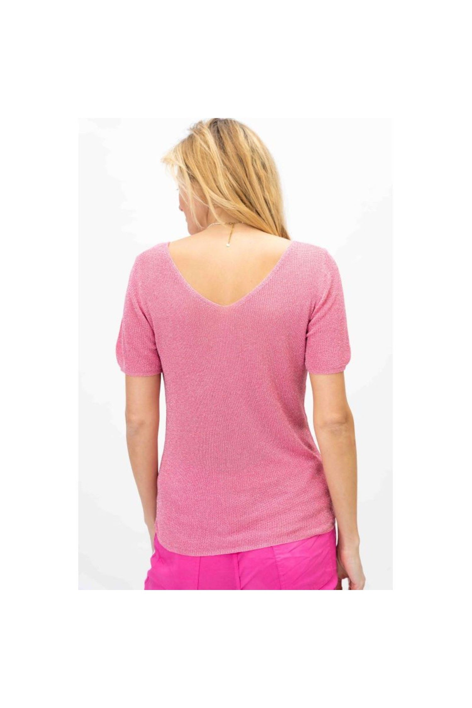 Look Mode Shimmer V-Neck Sweater In Fuchsia-Sweaters-Look Mode-Deja Nu Boutique, Women's Fashion Boutique in Lampasas, Texas