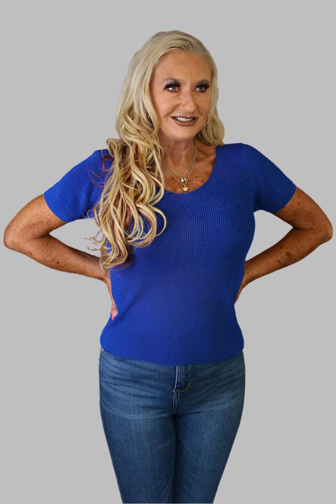 Look Mode Shimmer V-Neck Sweater In Royal Blue-Tops-Look Mode-Deja Nu Boutique, Women's Fashion Boutique in Lampasas, Texas