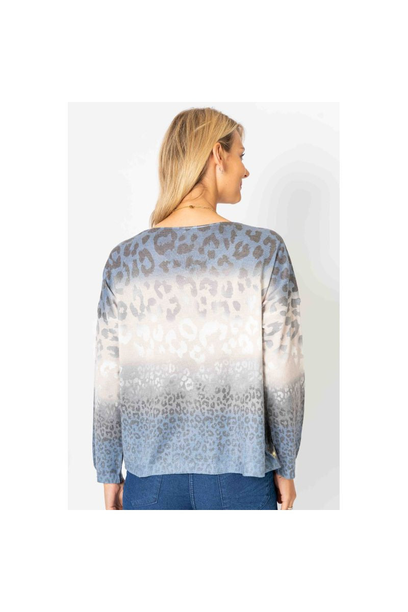 Look Mode Shimmer V Neck Cheetah Print Sweater In Blue-Sweaters-Look Mode-Deja Nu Boutique, Women's Fashion Boutique in Lampasas, Texas