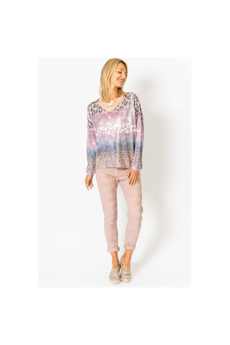 Look Mode Shimmer V Neck Cheetah Print Sweater In Old Pink-Sweaters-Look Mode-Deja Nu Boutique, Women's Fashion Boutique in Lampasas, Texas