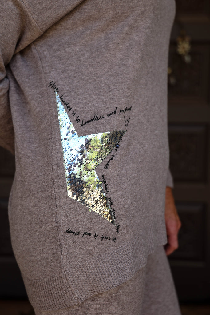 Look Mode Taupe Sweater With Silver Sequin Stars-Sweaters-Look Mode-Deja Nu Boutique, Women's Fashion Boutique in Lampasas, Texas