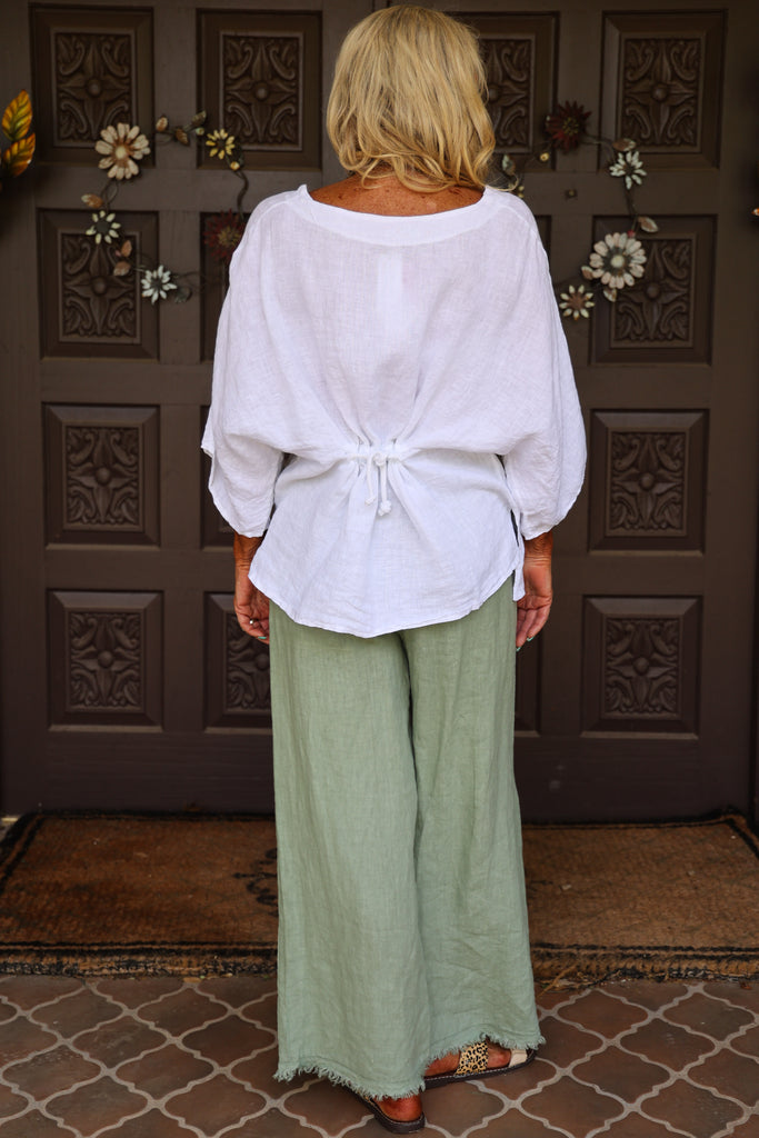 Look Mode White Flair Asymmetric Linen Top With Tie Back-Tops-Look Mode-Deja Nu Boutique, Women's Fashion Boutique in Lampasas, Texas