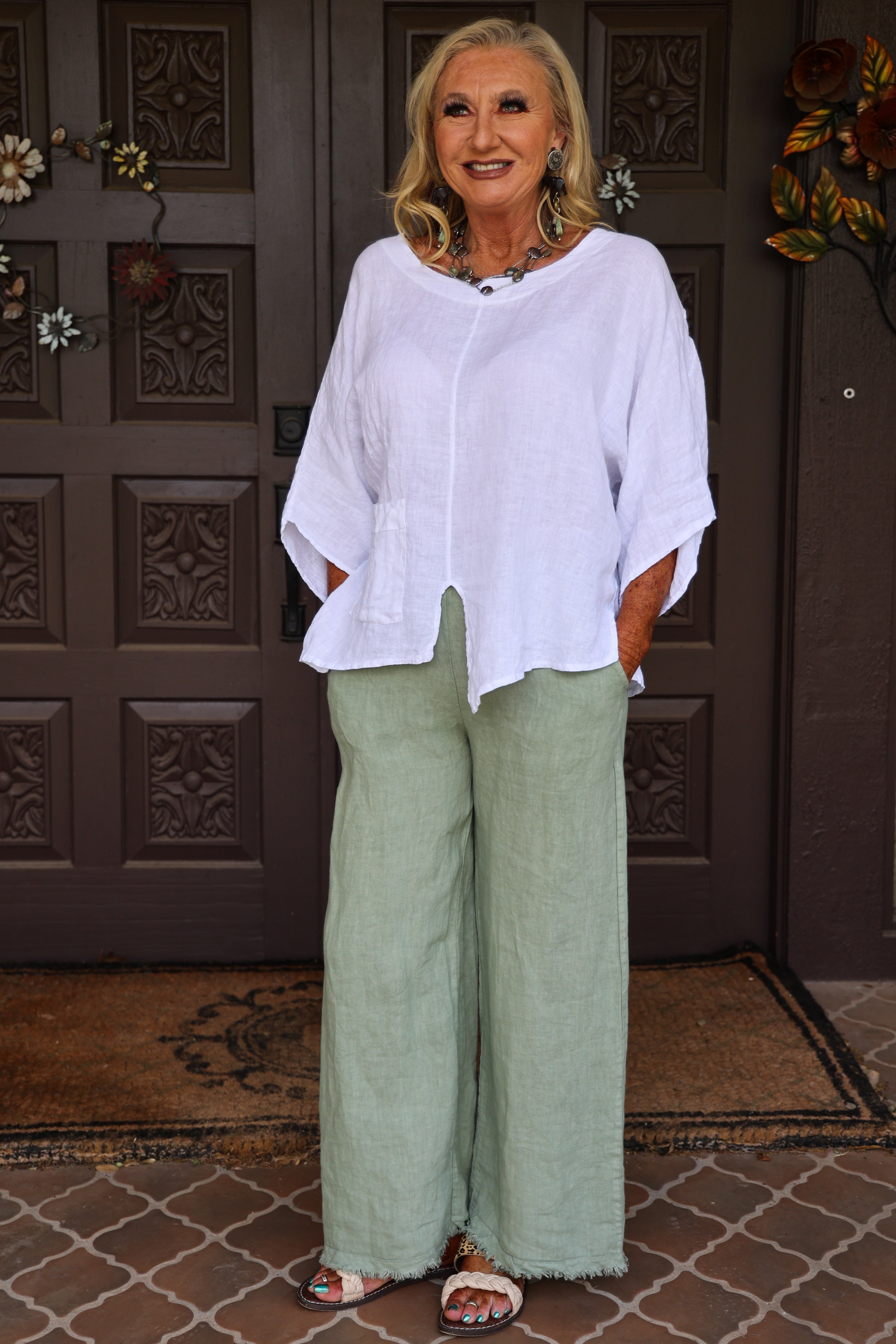 Look Mode White Flair Asymmetric Linen Top With Tie Back-Tops-Look Mode-Deja Nu Boutique, Women's Fashion Boutique in Lampasas, Texas