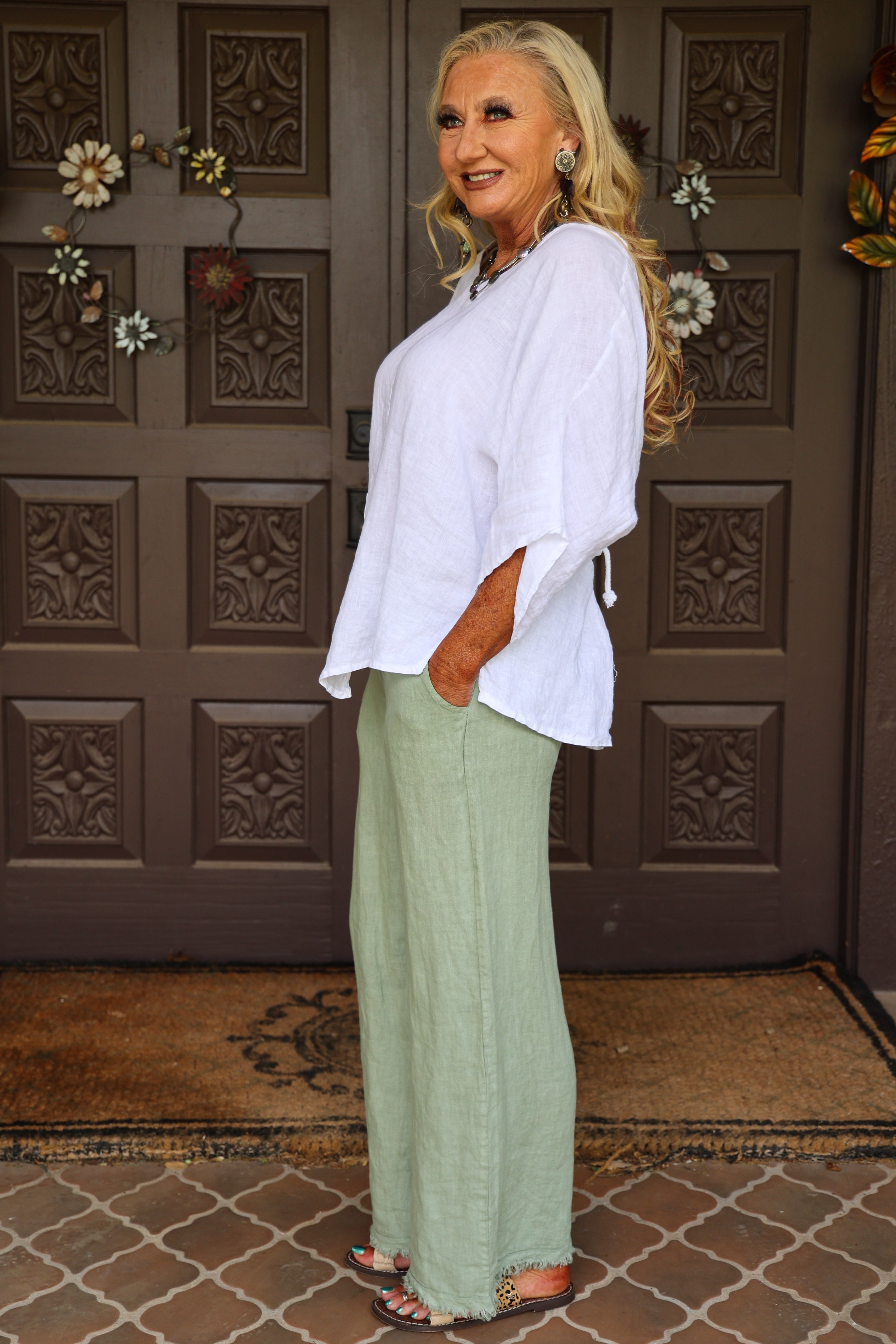 Look Mode White Flair Asymmetric Linen Top With Tie Back-Tops-Look Mode-Deja Nu Boutique, Women's Fashion Boutique in Lampasas, Texas