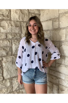 Look Mode White Gauze Navy Polka Dot Print V- Neck Top-Tops-Look Mode-Deja Nu Boutique, Women's Fashion Boutique in Lampasas, Texas