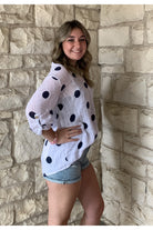 Look Mode White Gauze Navy Polka Dot Print V- Neck Top-Tops-Look Mode-Deja Nu Boutique, Women's Fashion Boutique in Lampasas, Texas