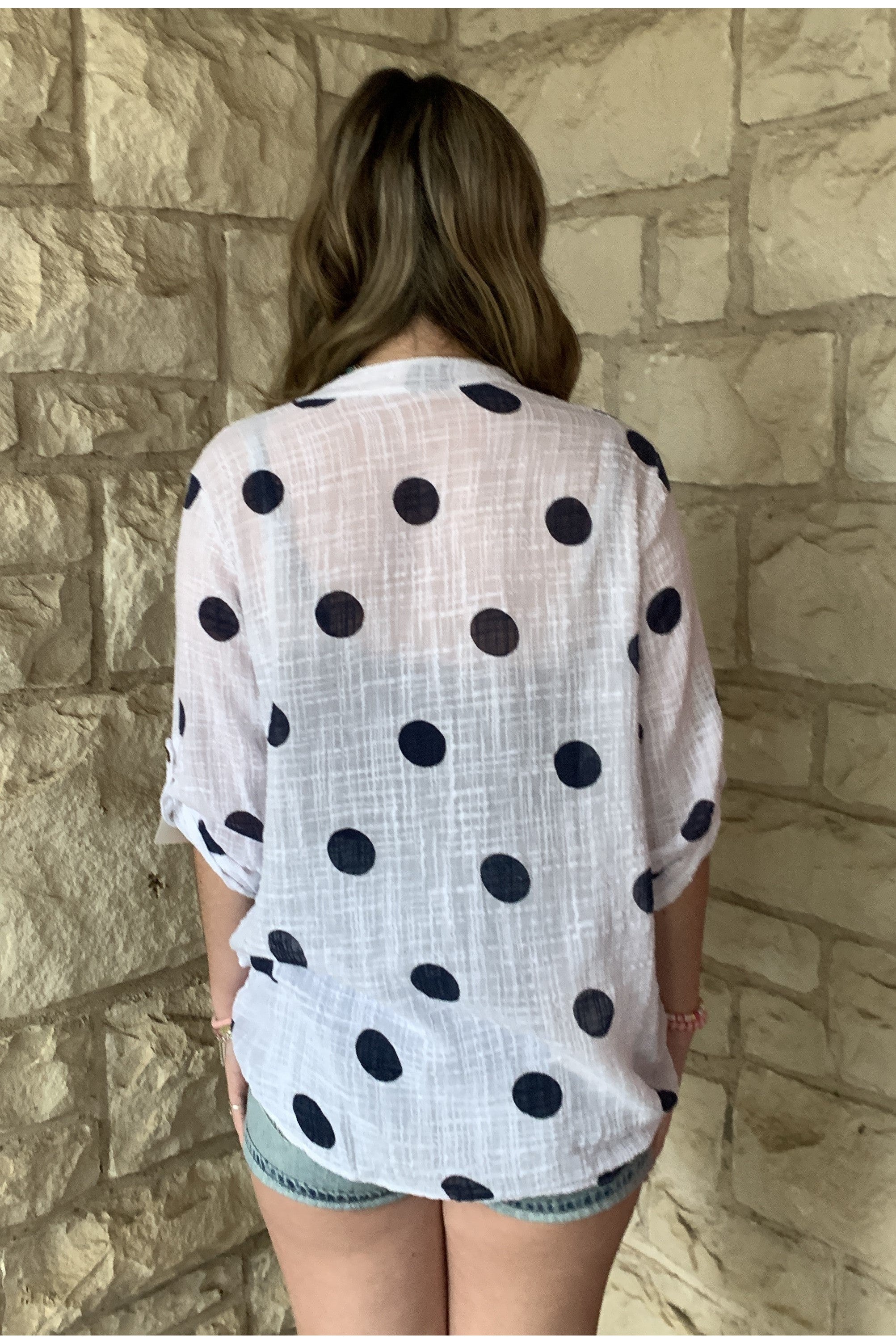 Look Mode White Gauze Navy Polka Dot Print V- Neck Top-Tops-Look Mode-Deja Nu Boutique, Women's Fashion Boutique in Lampasas, Texas