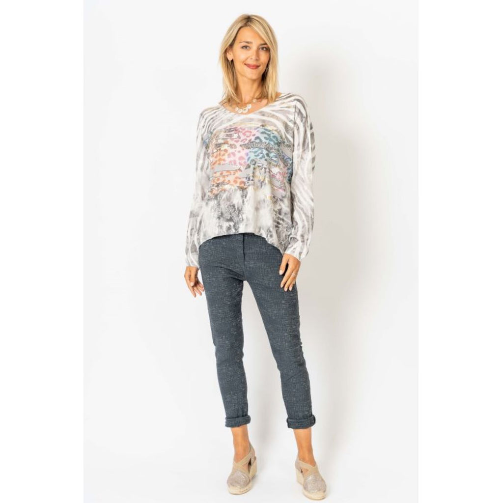 Look Mode Zebra Print Slash Sweater in Grey-Sweaters-Look Mode-Deja Nu Boutique, Women's Fashion Boutique in Lampasas, Texas