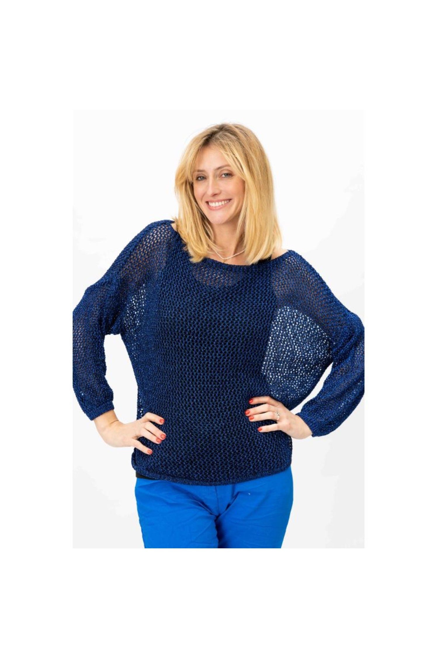 Look Mode's Open Knit Shimmer Sweater in Royal Blue-Sweaters-Look Mode-Deja Nu Boutique, Women's Fashion Boutique in Lampasas, Texas