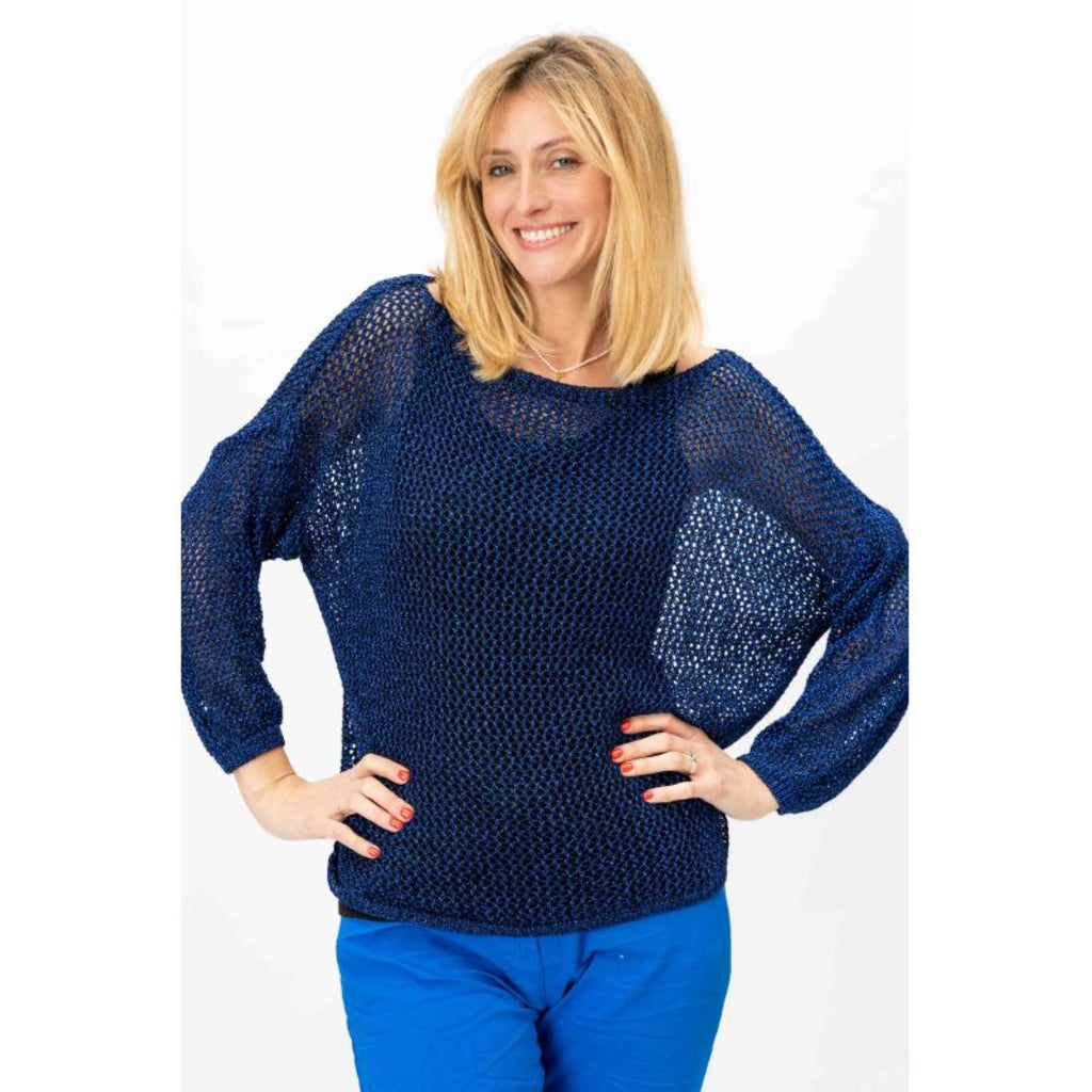 Look Mode's Open Knit Shimmer Sweater in Royal Blue-Sweaters-Look Mode-Deja Nu Boutique, Women's Fashion Boutique in Lampasas, Texas
